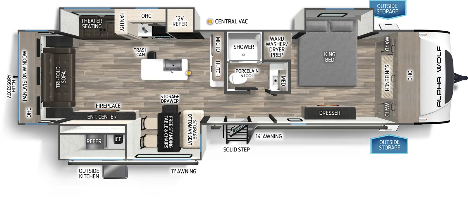 The 33Rl has three slideouts and one entry. Exterior features outside storage, 11' and 14' awnings, solid step entry, outside kitchen with refrigerator and ice maker, and rear accessory hitch. Interior layout front to back: front sun bench with overhead cabinet, wardrobes on each side, off-door side king bed slideout, and wardrobe with washer/dryer prep, and door side dresser; off-door side full bathroom with medicine cabinet; entry door; kitchen counter with overhead cabinet, microwave, and hutch along inner wall; off-door side slideout with 12V refrigerator, kitchen counter with cooktop, overhead cabinet, pantry, and theater seating; door-side slideout with free-standing table with storage drawer and chairs and storage ottoman seat, and an entertainment center with fireplace below; kitchen island with sink, central vacuum, and trash can; rear tri-fold sofa with overhead cabinet and panovision window.